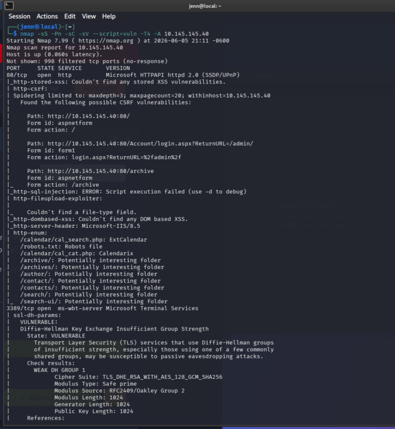 Nmap scan results showing open ports and vulnerability output